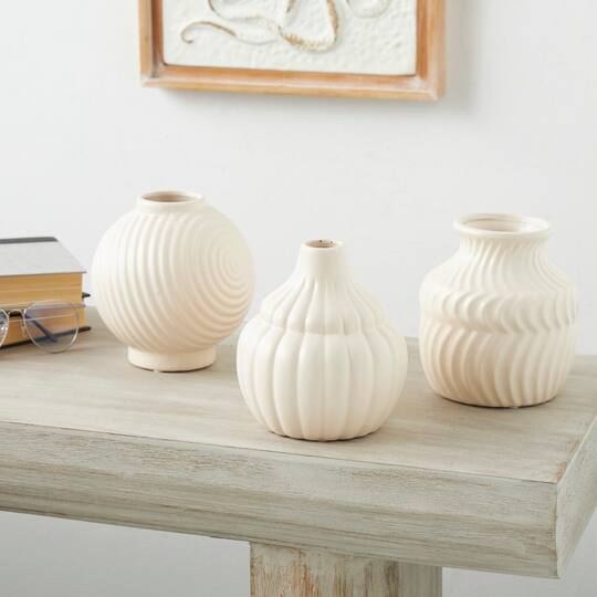 6" Cream Ceramic Abstract Textured Vase Set